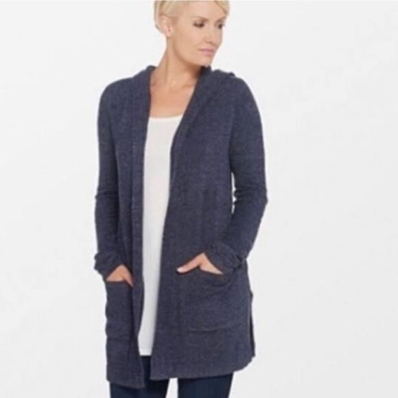 Barefoot Dreams Hooded Long Cardigan Size Small Navy Blue Cozy Chic Lite - Picture 1 of 6